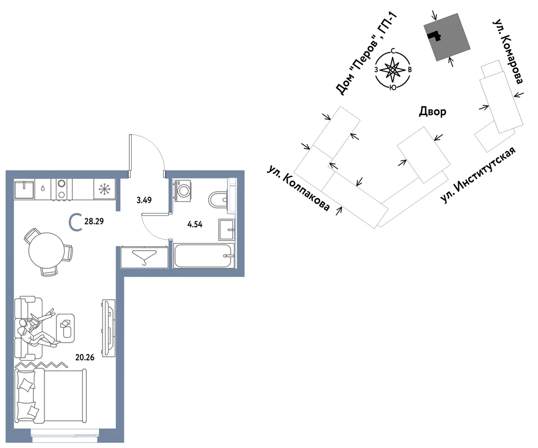 Планировка Студия, 28.29 м² ЖК «Страна.Парковая»