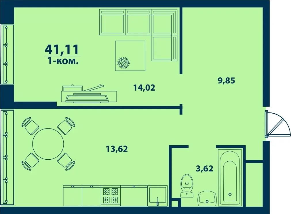 Планировка 1-комн. квартира, 41.11 м² ЖК «Город природы»