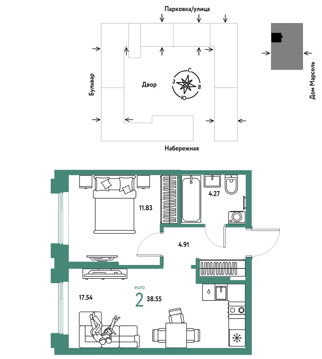 Планировка 2-комн. квартира, 38.55 м² ЖК «Европейский берег 2.0»