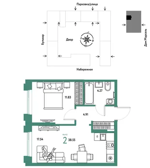 Планировка 2-комн. квартира, 38.55 м² ЖК «Европейский берег 2.0»