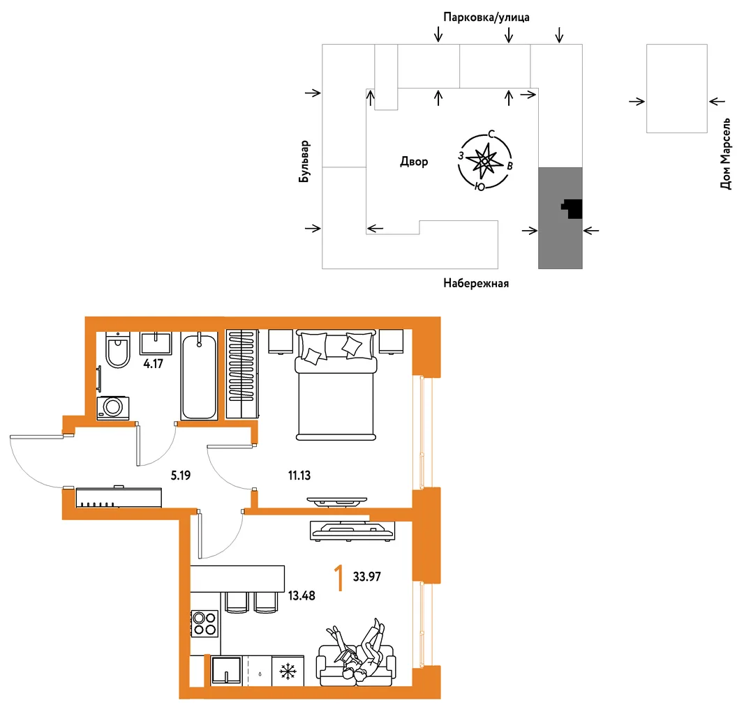 Планировка 1-комн. квартира, 33.97 м² ЖК «Европейский берег 2.0»