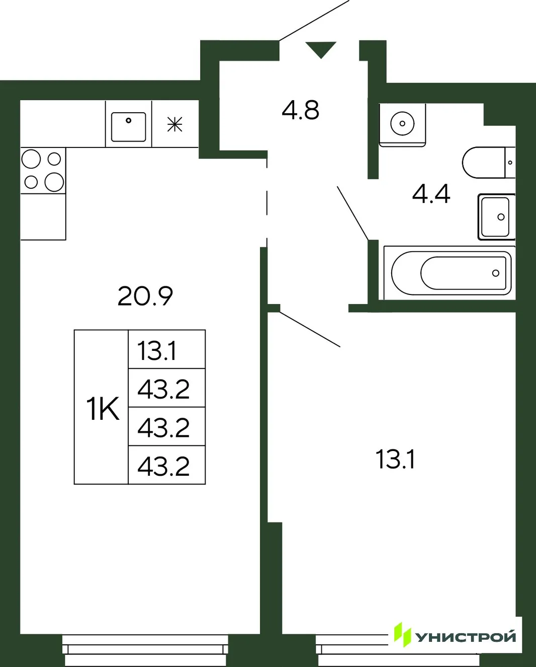 Планировка 1-комн. квартира, 43.2 м² ЖК «Парковый квартал 2.0»