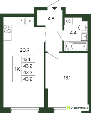 Планировка 1-комн. квартира, 43.2 м² ЖК «Парковый квартал 2.0»