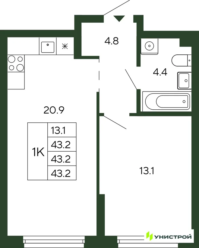 Планировка 1-комн. квартира, 43.2 м² ЖК «Парковый квартал 2.0» Планировка 1-комн. квартира, 43.2 м² ЖК «Парковый квартал 2.0»