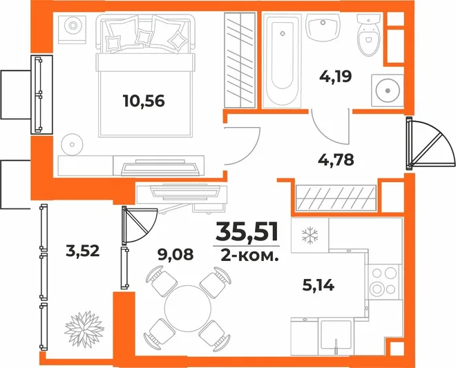 Планировка 2-комн. квартира, 35.51 м² ЖК «Живописный сад» Планировка 2-комн. квартира, 35.51 м² ЖК «Живописный сад»