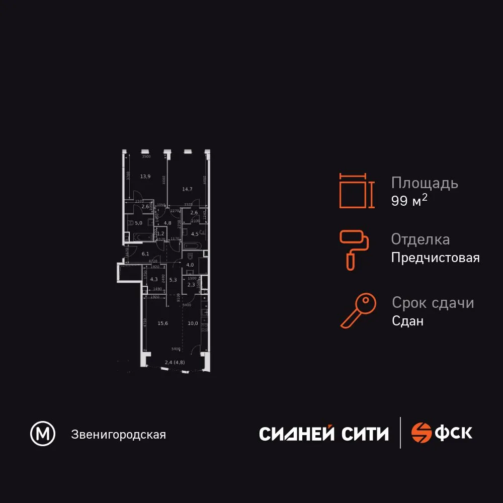 Планировка 3-комн. квартира, 99.3 м² ЖК «Сидней Сити»