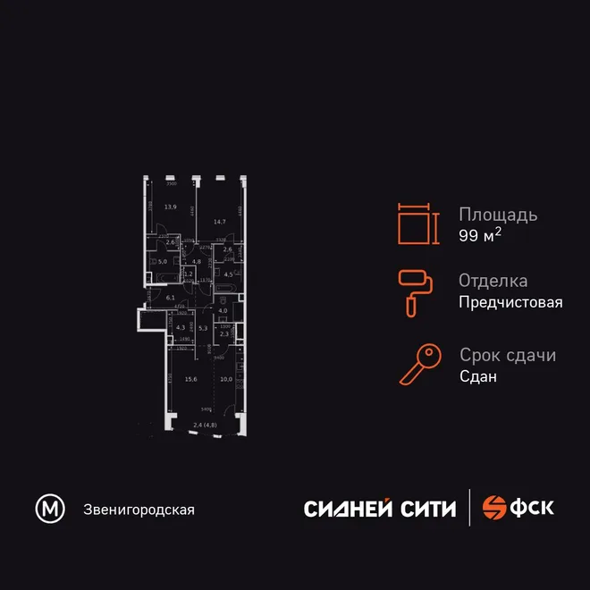 Планировка 3-комн. квартира, 99.3 м² ЖК «Сидней Сити» Планировка 3-комн. квартира, 99.3 м² ЖК «Сидней Сити»