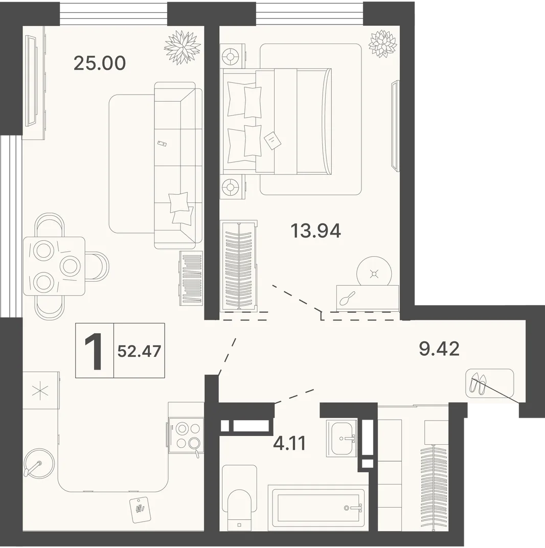 Планировка 1-комн. квартира, 52.47 м² ЖК «Светский лес»
