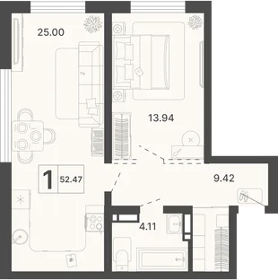 Планировка 1-комн. квартира, 52.47 м² ЖК «Светский лес»