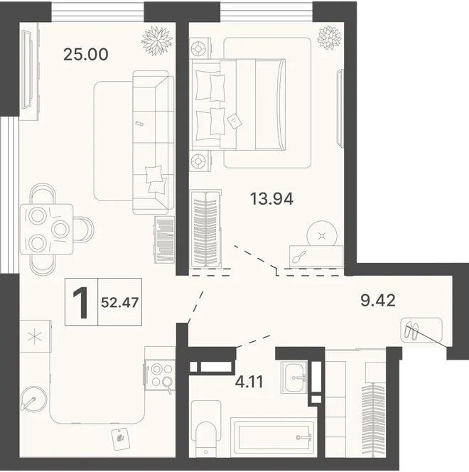 Планировка 1-комн. квартира, 52.47 м² ЖК «Светский лес»
