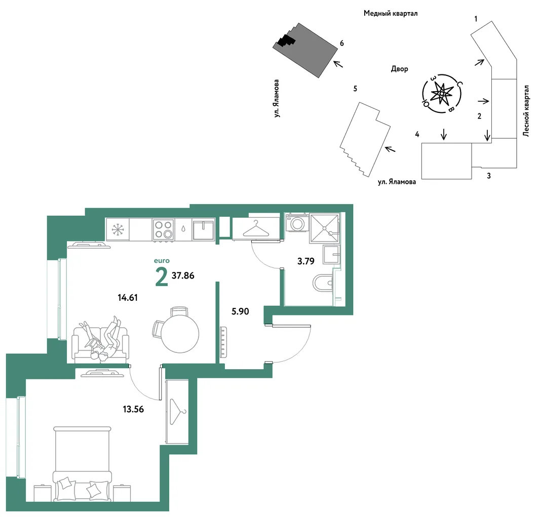 Планировка 2-комн. квартира, 37.86 м² ЖК «Сибирский сад»