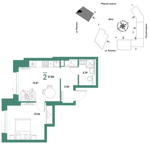 Планировка 2-комн. квартира, 37.86 м² ЖК «Сибирский сад»
