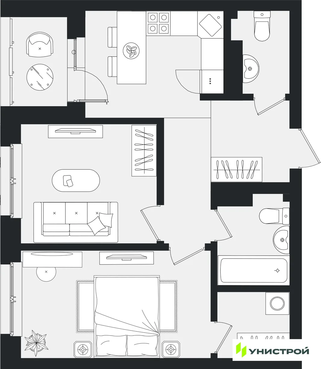 Планировка 2-комн. квартира, 52.04 м² ЖК «Уникум на Ленинском»