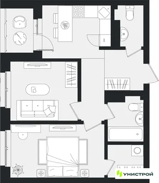 Планировка 2-комн. квартира, 52.04 м² ЖК «Уникум на Ленинском»