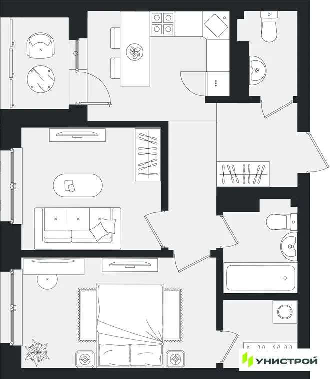 Планировка 2-комн. квартира, 52.04 м² ЖК «Уникум на Ленинском» Планировка 2-комн. квартира, 52.04 м² ЖК «Уникум на Ленинском»