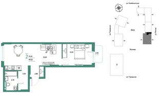 Планировка 2-комн. квартира, 51.43 м² ЖК «Уральский сад»