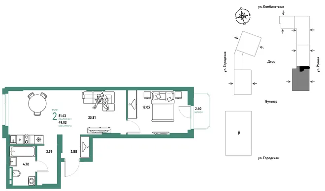 Планировка 2-комн. квартира, 51.43 м² ЖК «Уральский сад» Планировка 2-комн. квартира, 51.43 м² ЖК «Уральский сад»