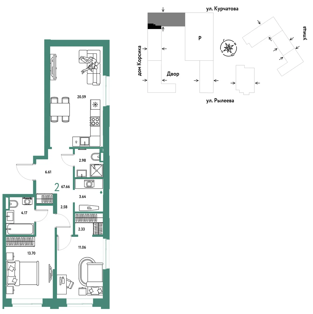 Планировка 2-комн. квартира, 67.85 м² ЖК «Остров-сад»