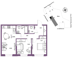 Планировка 3-комн. квартира, 60.65 м² ЖК «Страна Прибрежная»