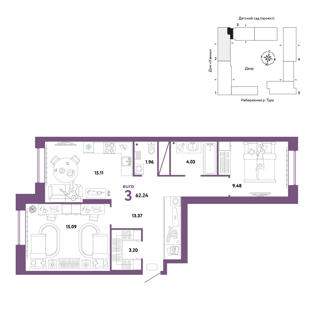 Планировка 3-комн. квартира, 62.24 м² ЖК «Европейский берег 2.0»