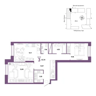 Планировка 3-комн. квартира, 62.24 м² ЖК «Европейский берег 2.0»
