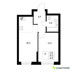 Планировка 1-комн. квартира, 41 м² ЖК «Стадиум»