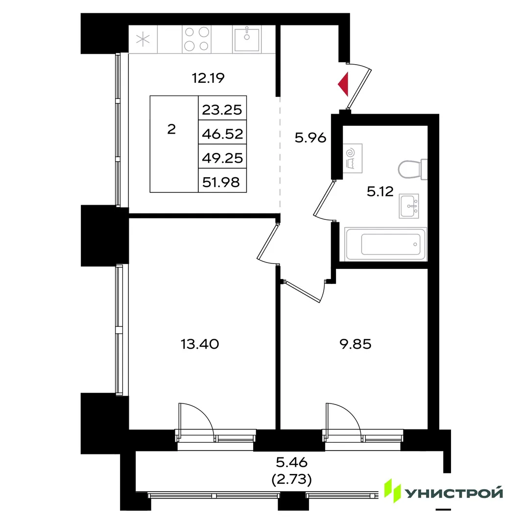 Планировка 2-комн. квартира, 49.35 м² ЖК «Уникум на Энгельса»