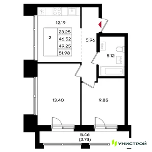 Планировка 2-комн. квартира, 49.35 м² ЖК «Уникум на Энгельса»