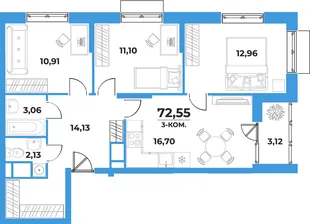 Планировка 3-комн. квартира, 72.55 м² ЖК «На семи холмах»