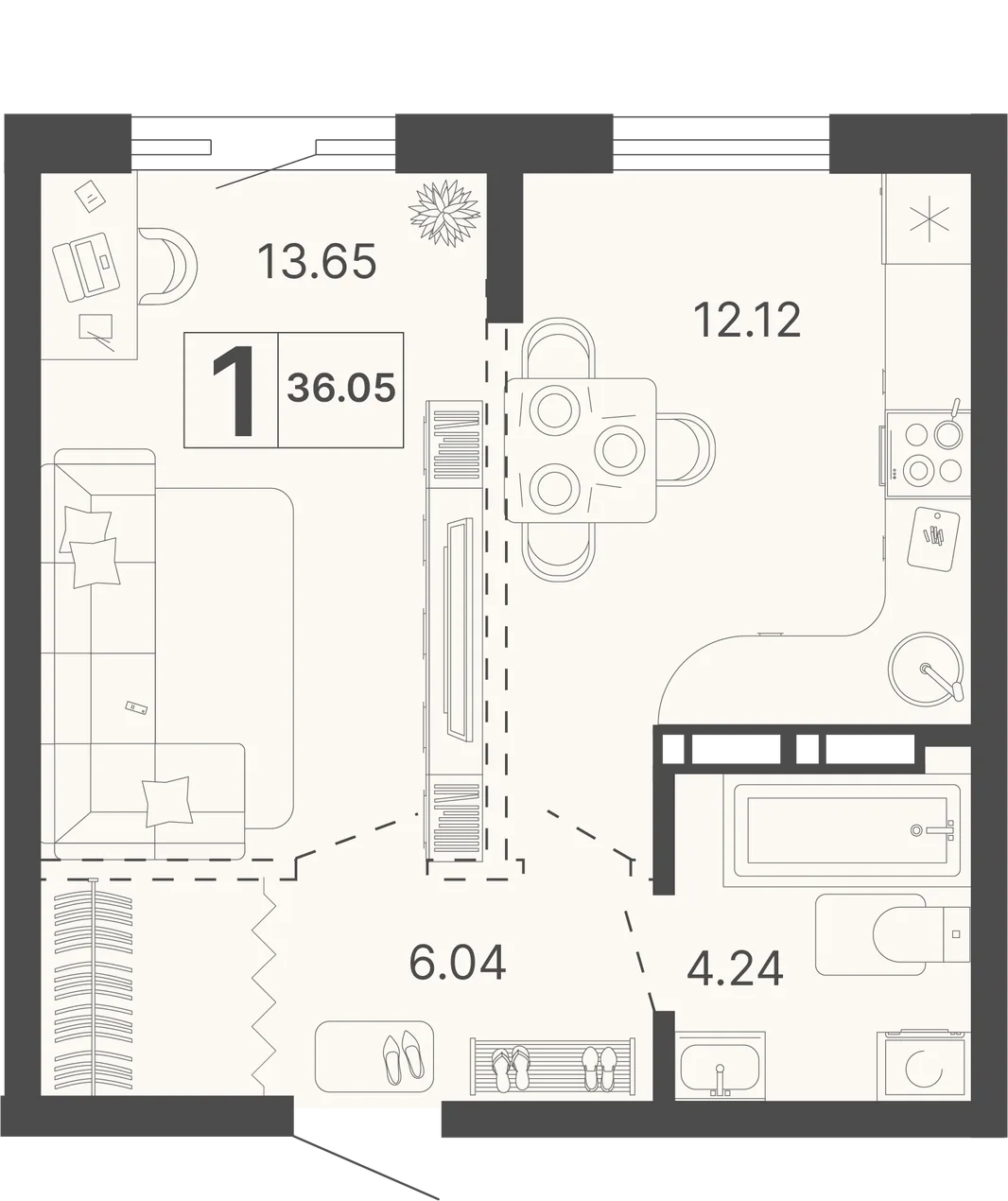 Планировка 1-комн. квартира, 36.05 м² ЖК «Светский лес»