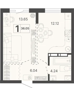 Планировка 1-комн. квартира, 36.05 м² ЖК «Светский лес»