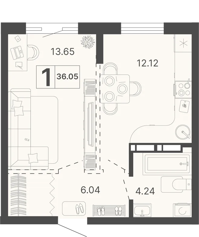 Планировка 1-комн. квартира, 36.05 м² ЖК «Светский лес»