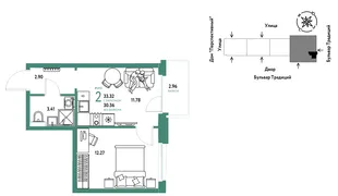 Планировка 2-комн. квартира, 33.32 м² ЖК «Микрорайон Домашний»