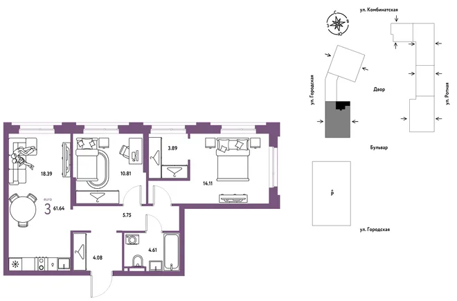 Планировка 3-комн. квартира, 61.64 м² ЖК «Уральский сад» Планировка 3-комн. квартира, 61.64 м² ЖК «Уральский сад»