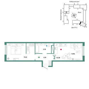 Планировка 2-комн. квартира, 42.38 м² ЖК «Сибирский сад»
