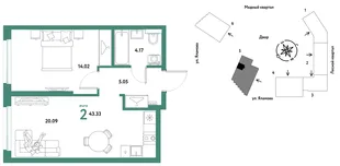 Планировка 2-комн. квартира, 43.33 м² ЖК «Сибирский сад»