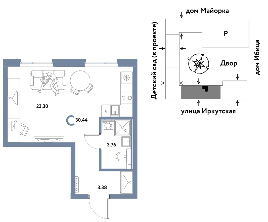 Планировка Студия, 30.44 м² ЖК «Остров-сад»