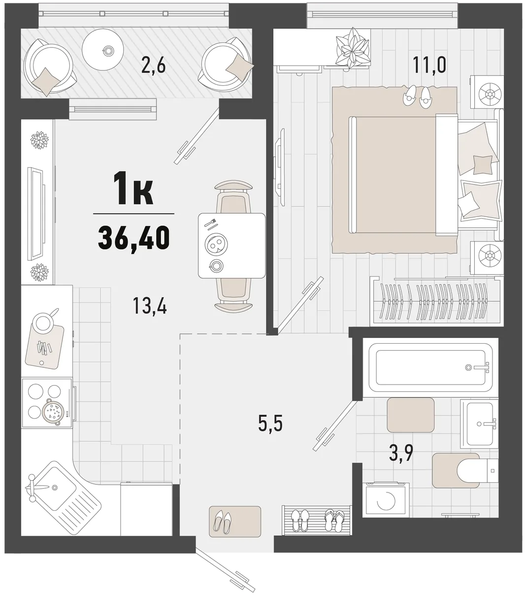 Планировка 1-комн. квартира, 36.4 м² ЖК «Барса»