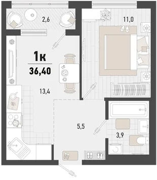 Планировка 1-комн. квартира, 36.4 м² ЖК «Барса»