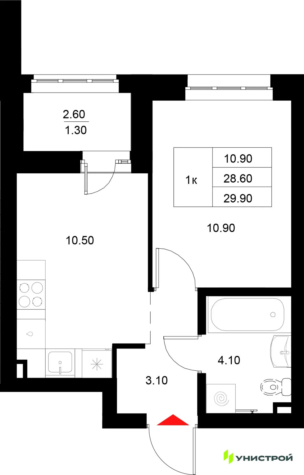 Планировка 1-комн. квартира, 29.9 м² ЖК «Уникод на Технической»