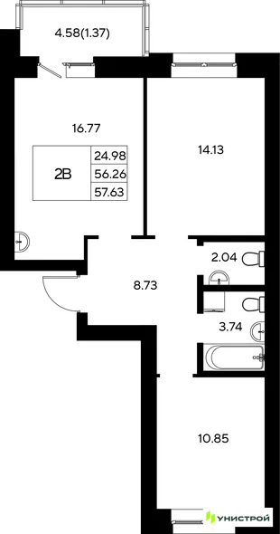 Планировка 2-комн. квартира, 57.63 м² ЖК «Царёво City»