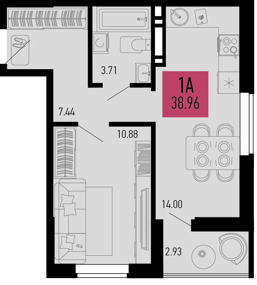 Планировка 1-комн. квартира, 38.96 м² ЖК «Столицыно»