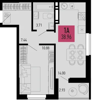 Планировка 1-комн. квартира, 38.96 м² ЖК «Столицыно»