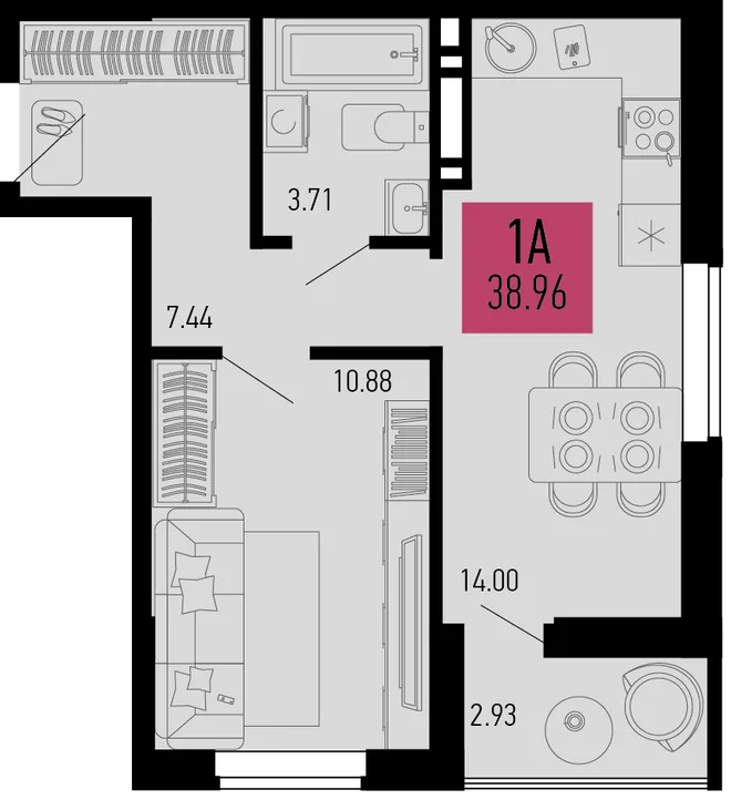 Планировка 1-комн. квартира, 38.96 м² ЖК «Столицыно» Планировка 1-комн. квартира, 38.96 м² ЖК «Столицыно»