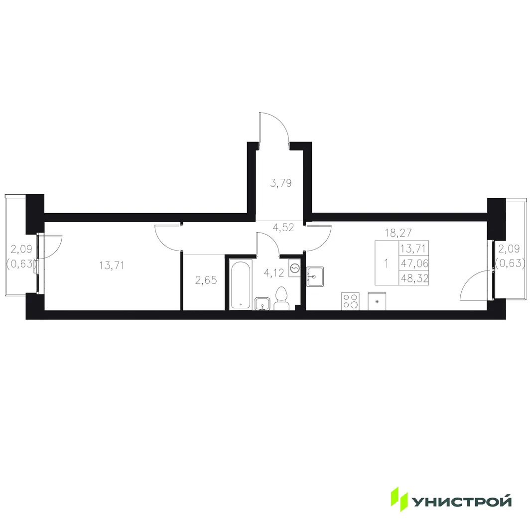 Планировка 1-комн. квартира, 48.32 м² ЖК «Statum»