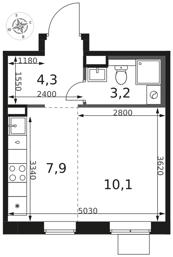 Планировка Студия, 25.5 м² ЖК «1-й Химкинский»