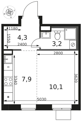 Планировка Студия, 25.5 м² ЖК «1-й Химкинский»