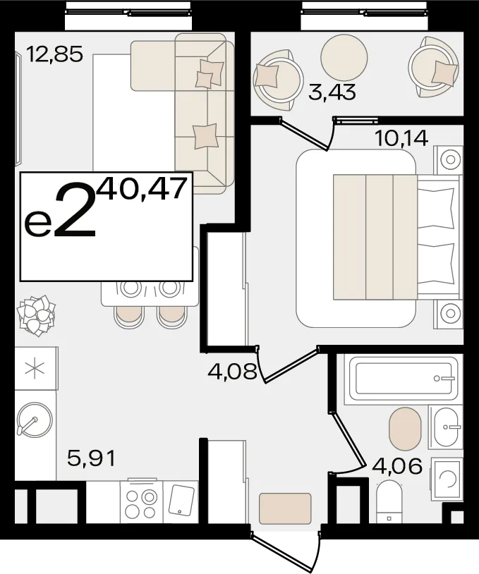 Планировка 2-комн. квартира, 40.47 м² ЖК «Патрики»