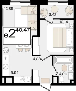 Планировка 2-комн. квартира, 40.47 м² ЖК «Патрики»
