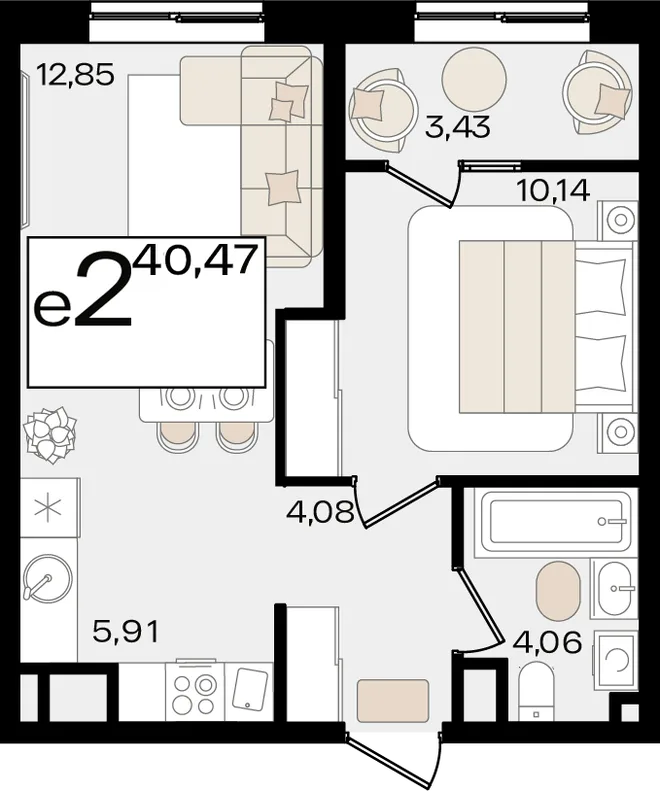 Планировка 2-комн. квартира, 40.47 м² ЖК «Патрики»